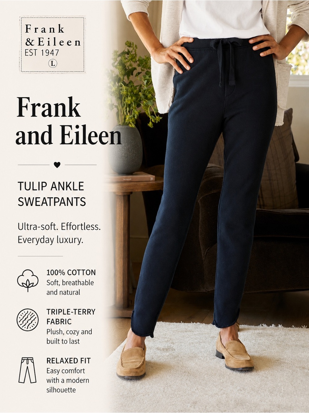 Frank & Eileen Navy Christine Tulip Ankle Sweatpants — Cozy and Flattering!